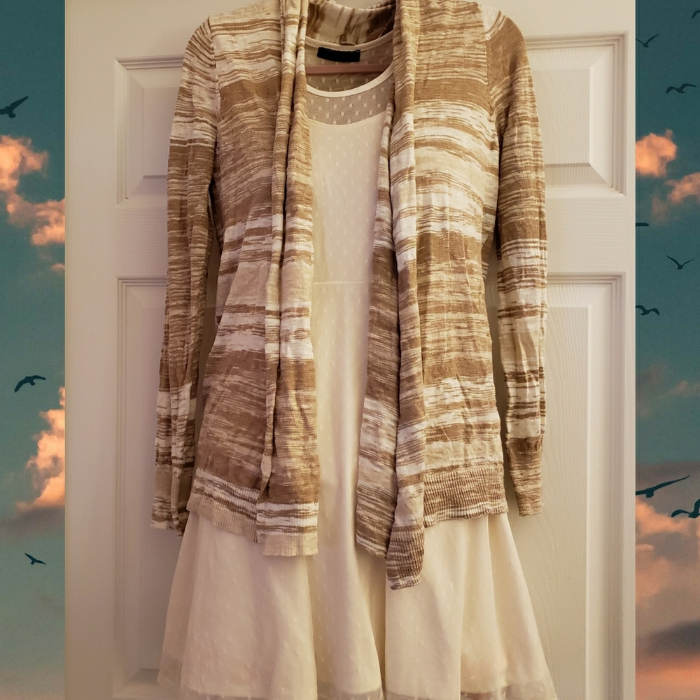 NWT White & Tan Marble Textured Open Cardigan